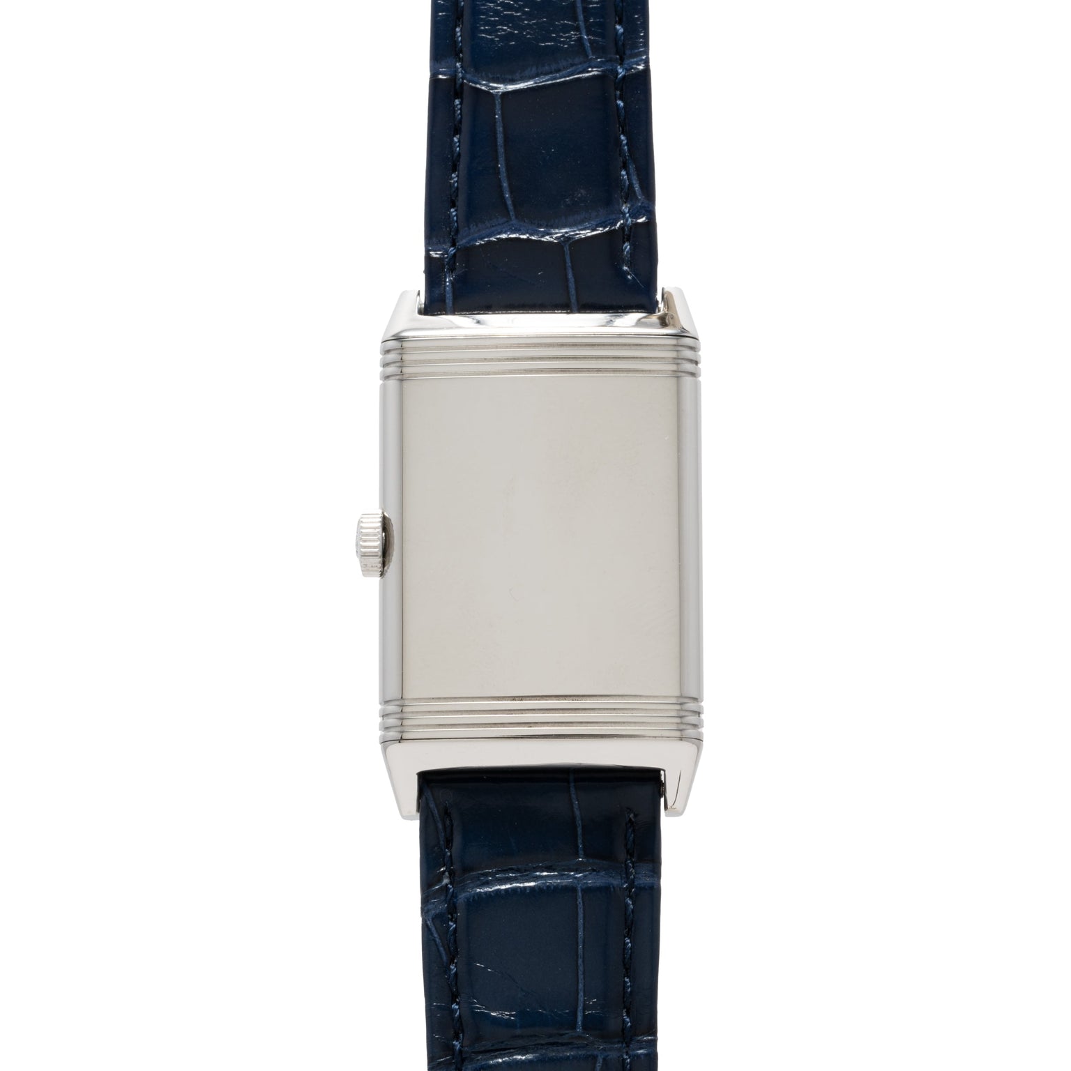 The Jaeger-LeCoultre Reverso Classique Ladies is a silver rectangular watch by Jaeger-LeCoultre, featuring a blue leather strap and an unmarked watch face.