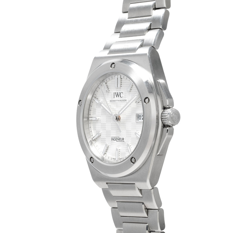 An IWC Schaffhausen Ingenieur wristwatch with a silver metal band, white dial, and date window is displayed at an angle.