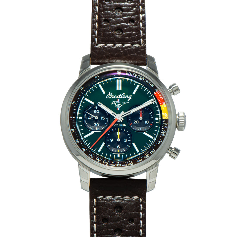 The Breitling Top Time B01 Chronograph Ford Mustang features a dark leather strap, green dial, and multicolored chronograph subdials.