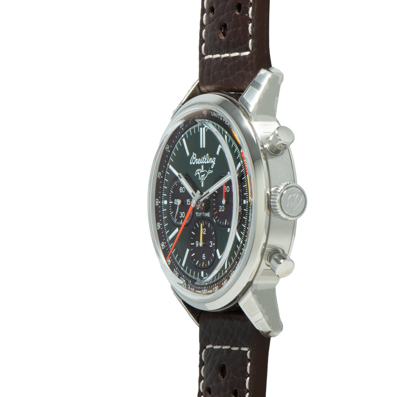 Side view of the Breitling Top Time B01 Chronograph Ford Mustang featuring a black dial, silver case, and brown leather strap.