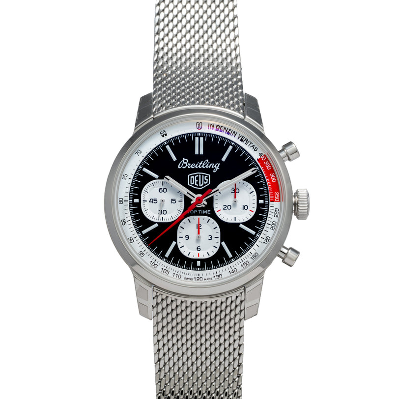 The Breitling Top Time B01 Chronograph Deus features a stainless steel mesh band and a black-and-white chronograph dial.