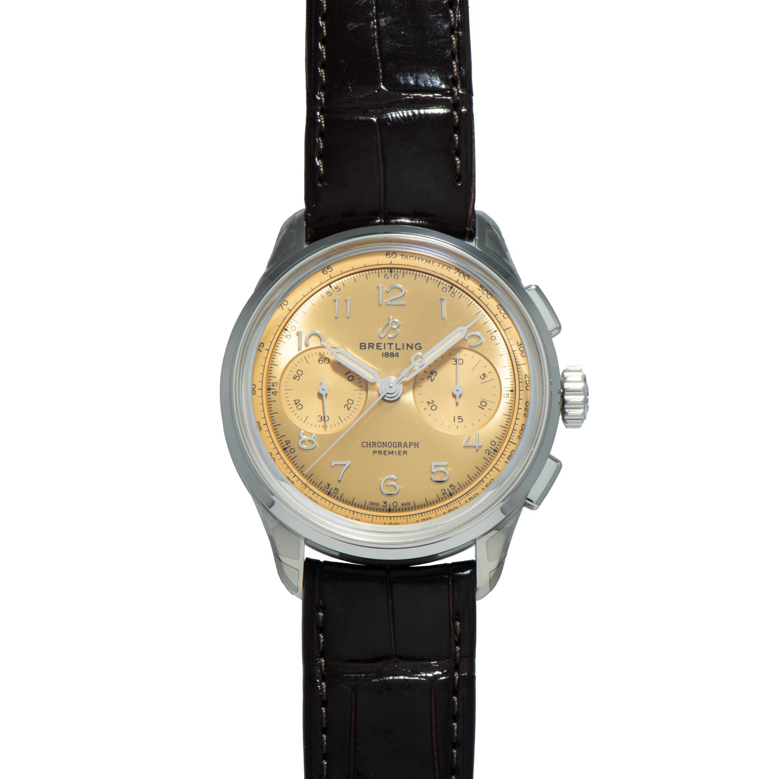 Breitling Premiere B09 Chronograph 40 watch featuring a gold dial, silver case, and black leather strap, shown from the front.