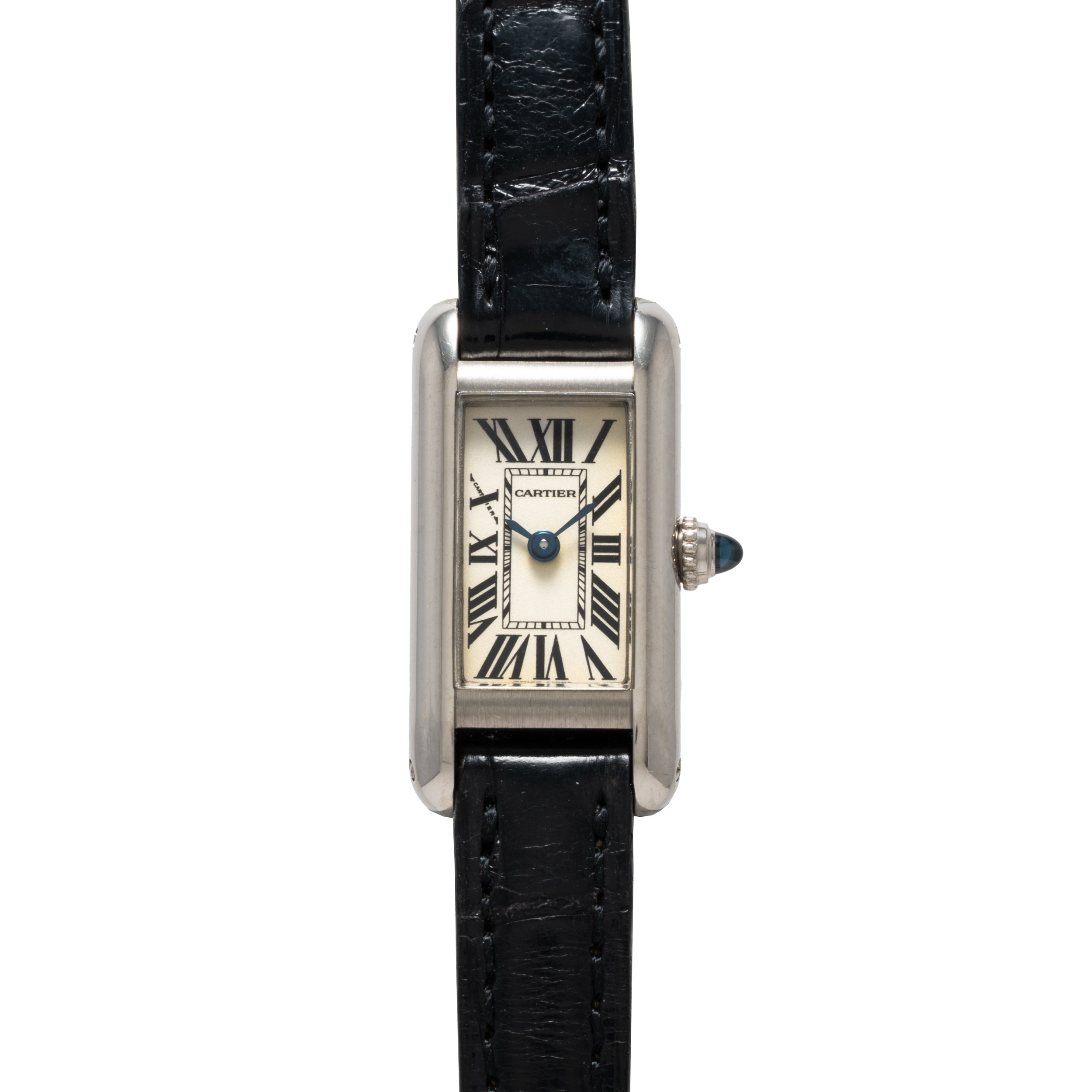 Cartier Tank Ladies Allongee watch featuring a rectangular dial with Roman numerals and a black leather strap, displayed on a white background.
