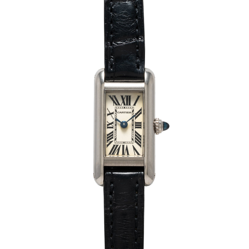 Cartier Tank Ladies Allongee watch featuring a rectangular dial with Roman numerals and a black leather strap, displayed on a white background.