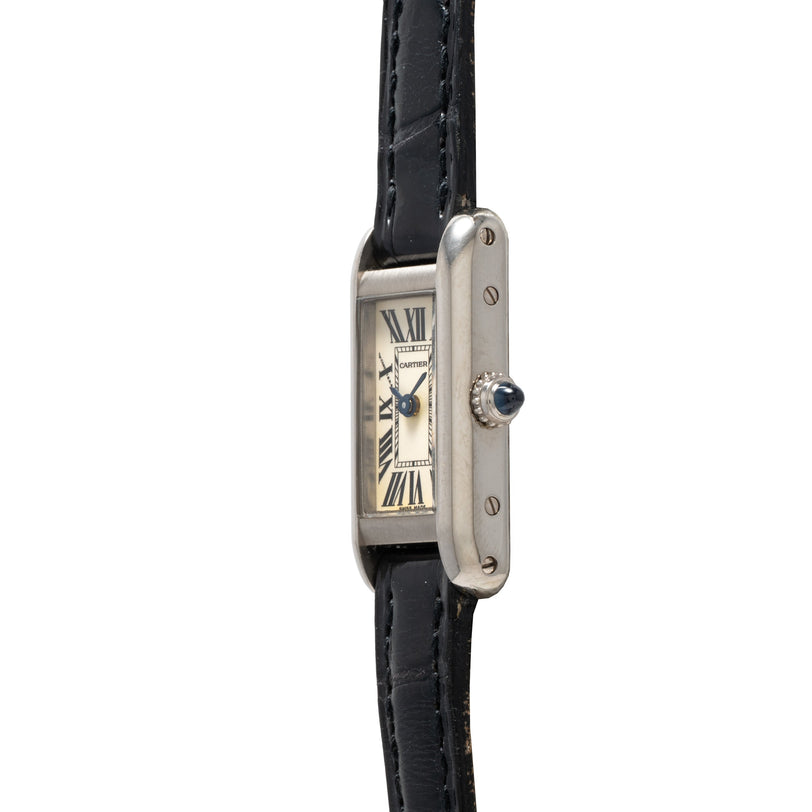 Cartier Tank Ladies Allongee wristwatch with a silver rectangular case, black Roman numerals, and a black leather strap on a white background.