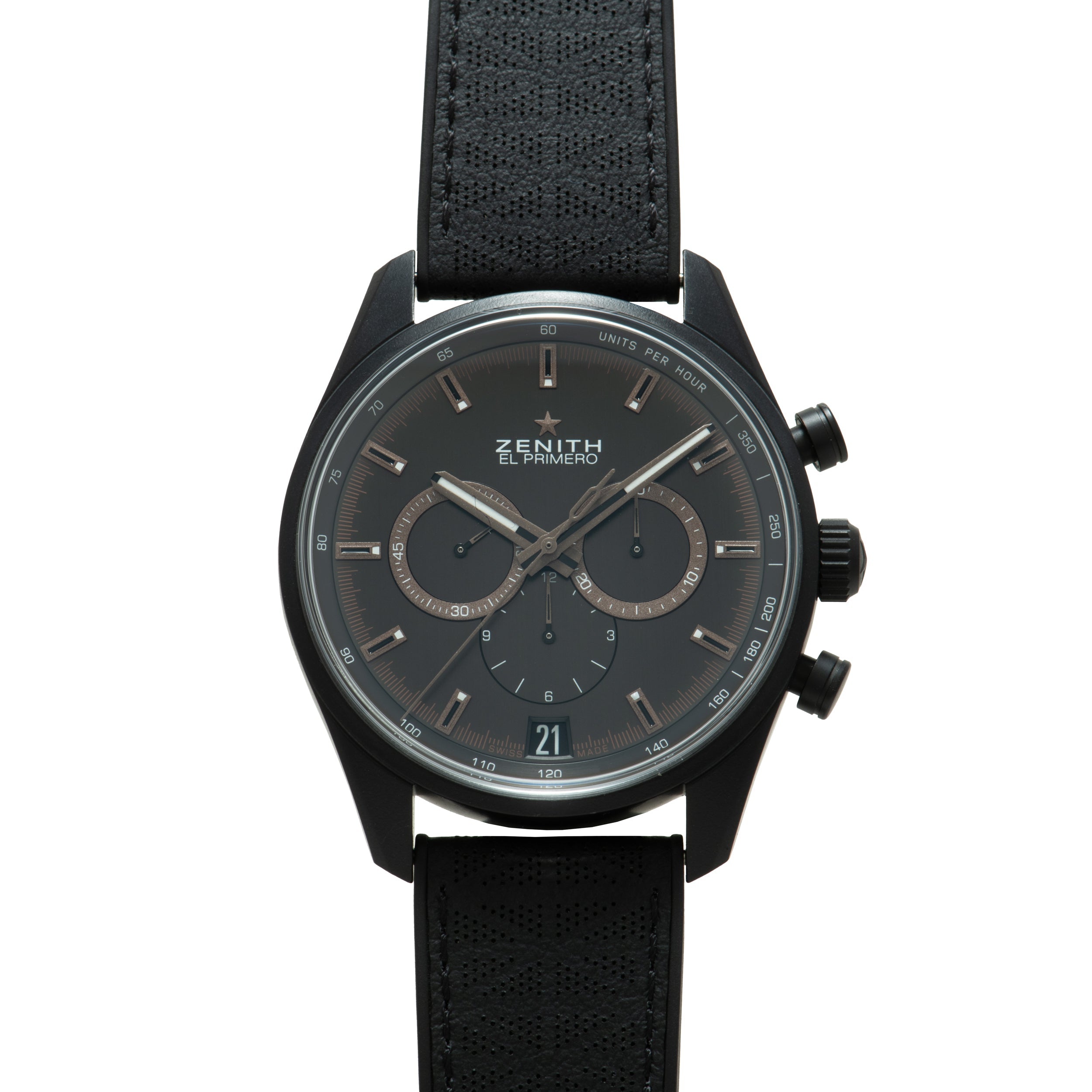 Black Zenith El Primero chronograph watch with dark dial, dual subdials, and black leather strap.