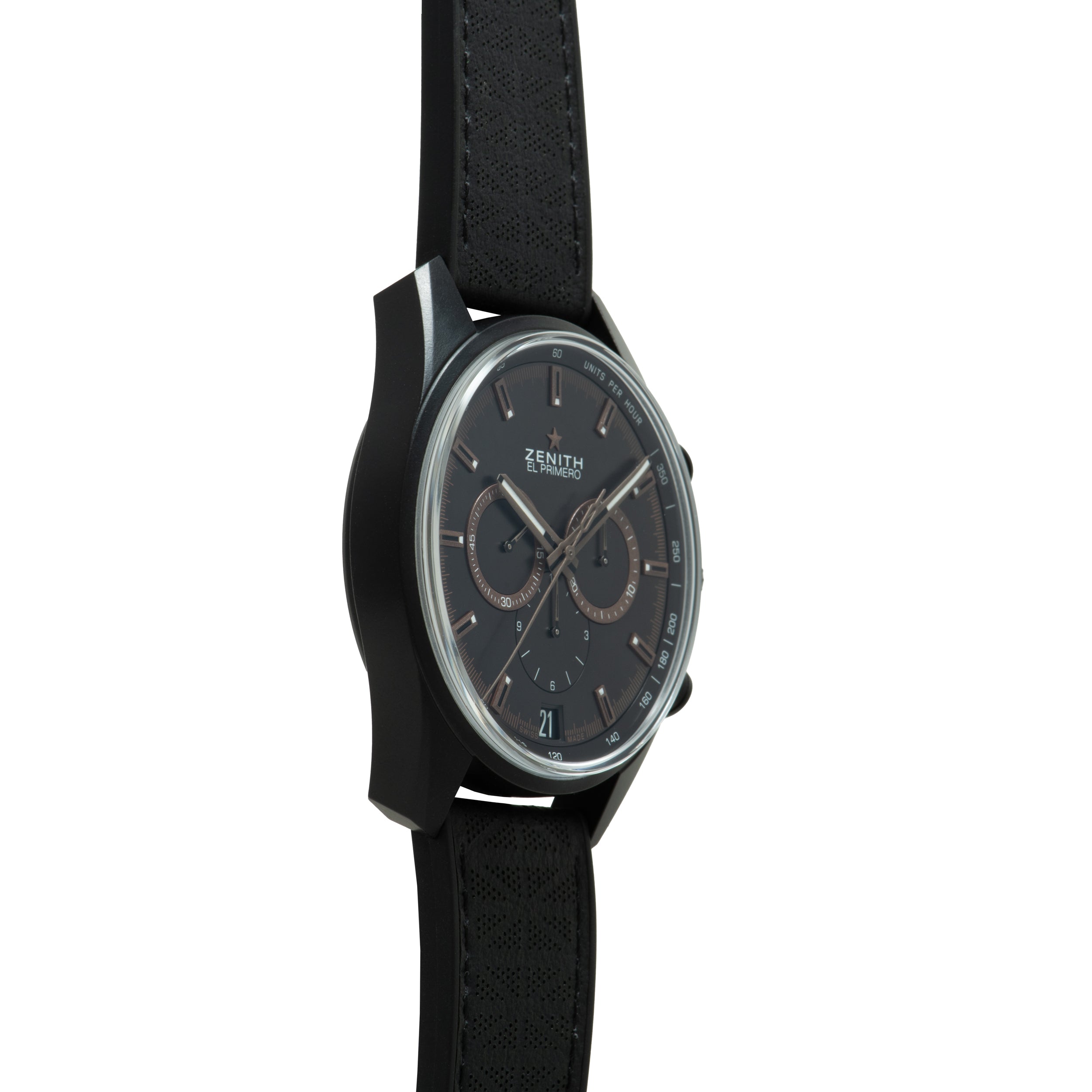 Zenith Chronomaster El Primero watch with dark dial, chronograph subdials, and black rubber strap.