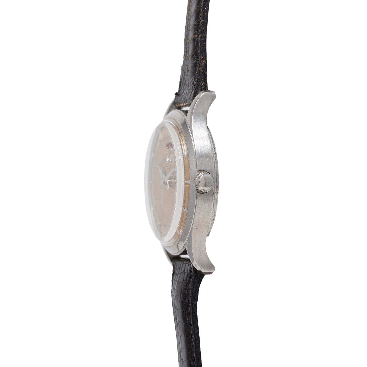 Side view of a Jaeger LeCoultre 'European Market' Powermatic wristwatch in silver, featuring a round face, black textured leather strap, visible crown, and subtle power-reserve display, photographed against a white background.