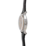 Side view of a Jaeger LeCoultre 'European Market' Powermatic wristwatch in silver, featuring a round face, black textured leather strap, visible crown, and subtle power-reserve display, photographed against a white background.