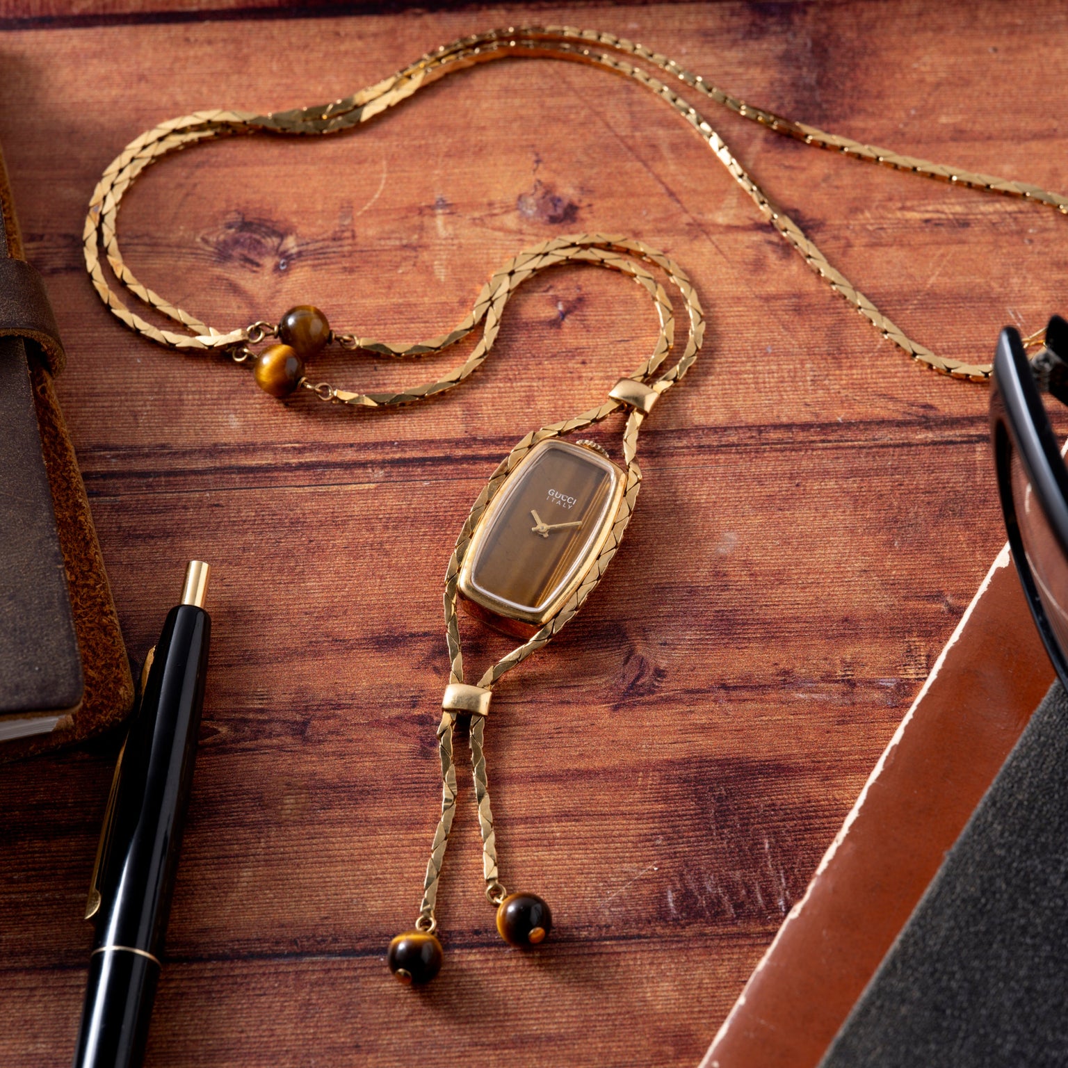 Gucci Tiger's Eye Sautoir Timepiece Necklace