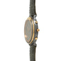 Luxury chronograph watch with dark dial, two-tone case in steel and gold, three subdials, and gray leather strap.
