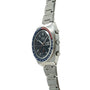 Seiko chronograph watch with stainless steel case, black dial, blue and red rotating bezel, three subdials, and matching brac