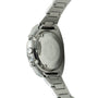 Seiko chronograph watch with stainless steel case and bracelet, shown from rear view displaying caseback with engraved text.