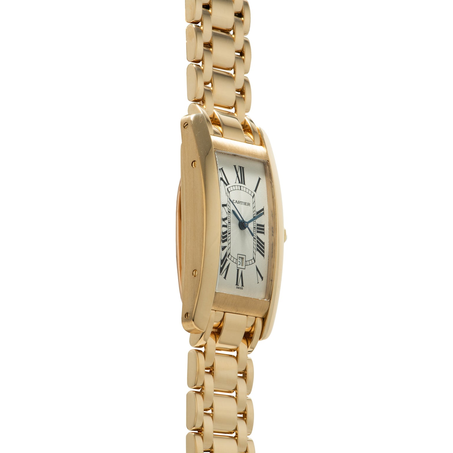 Gold-tone rectangular watch with white dial, Roman numerals, and matching linked bracelet.