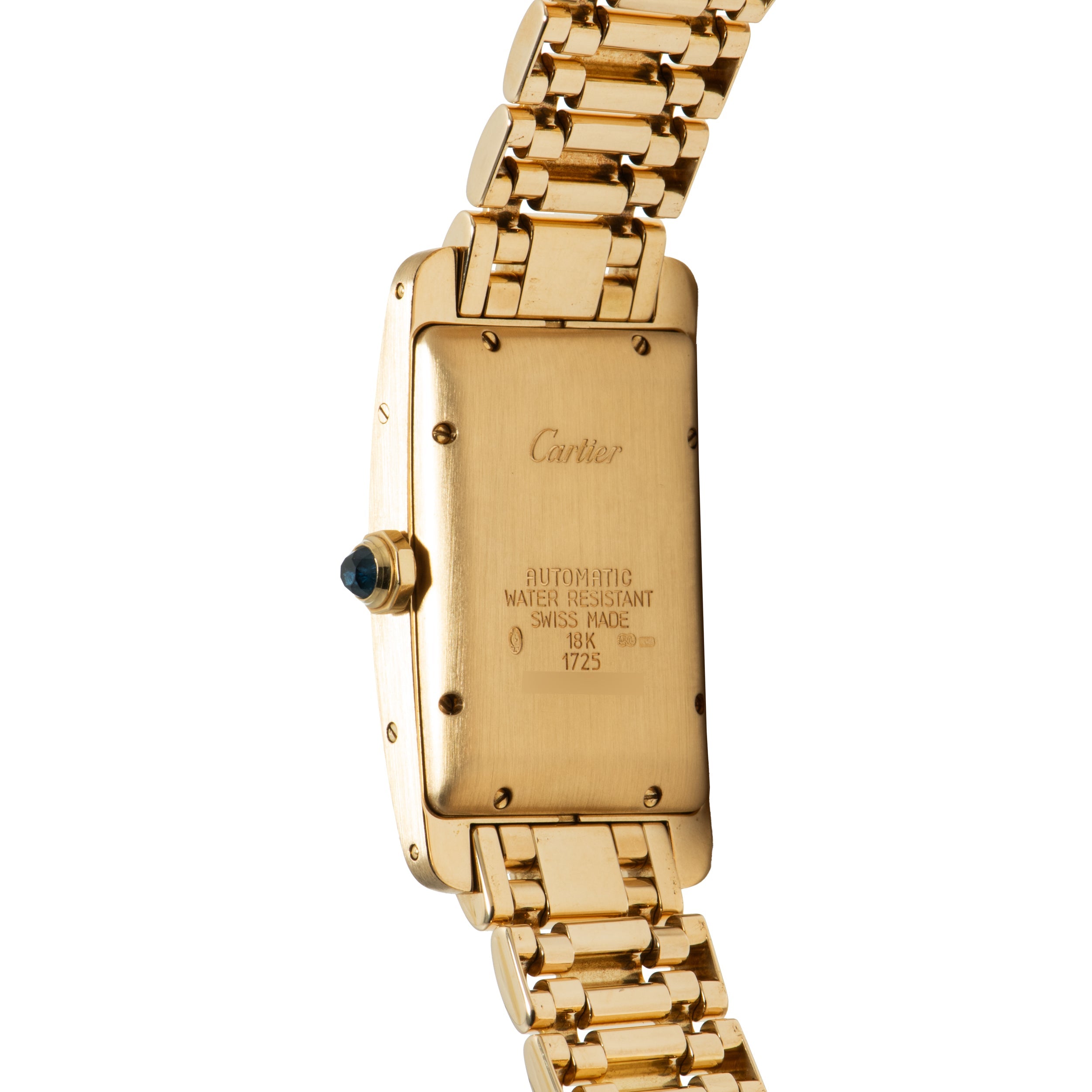 Gold-tone rectangular watch with linked bracelet, sapphire crown, and engraved caseback reading "Cartier," "Automatic," "Wate