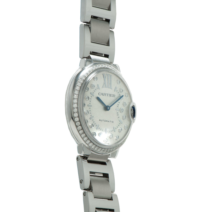Cartier Ballon Bleu stainless steel watch with diamond-set bezel, silver dial, and matching bracelet.