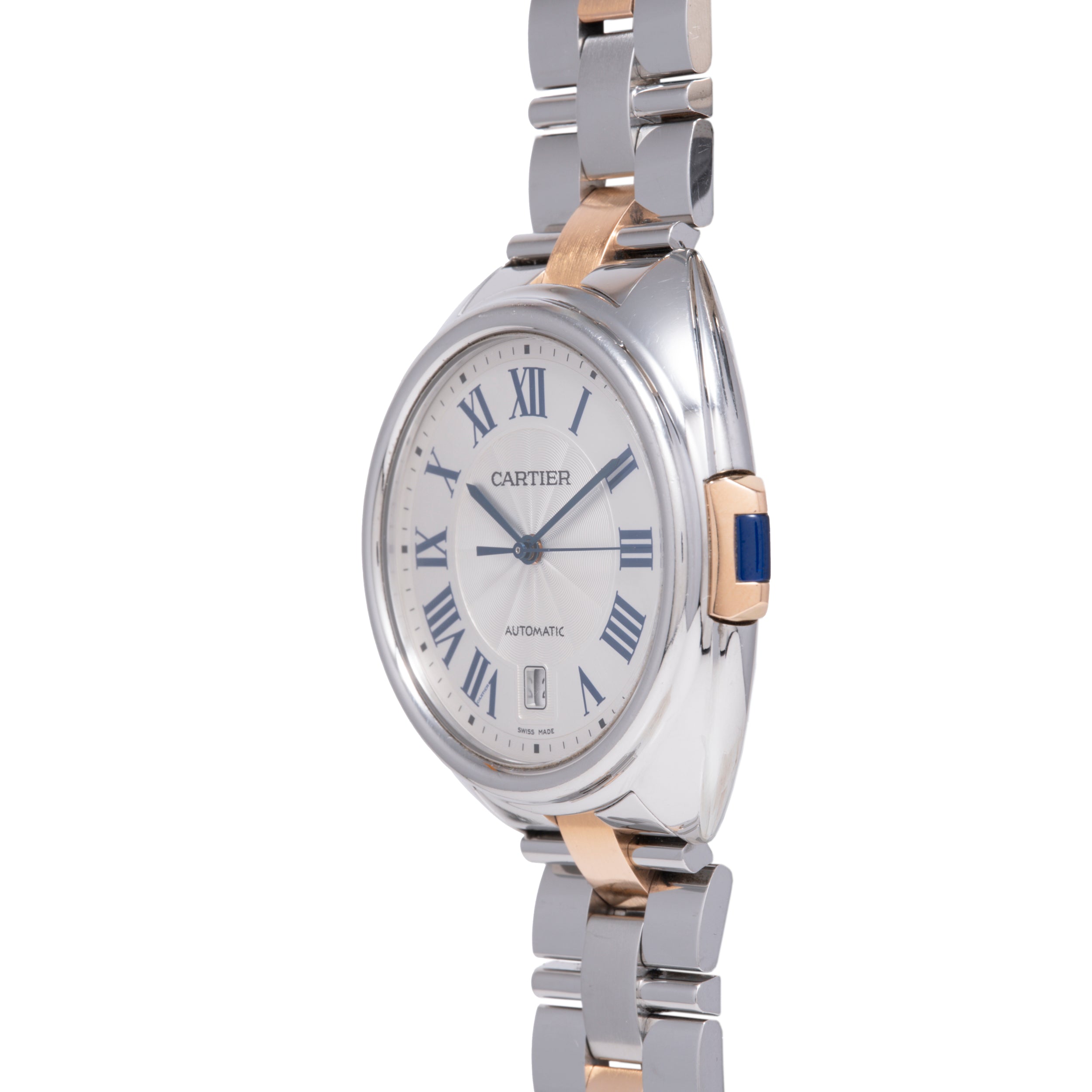 Cartier Clé de Cartier automatic watch with two-tone steel and rose gold bracelet, silver dial with Roman numerals.