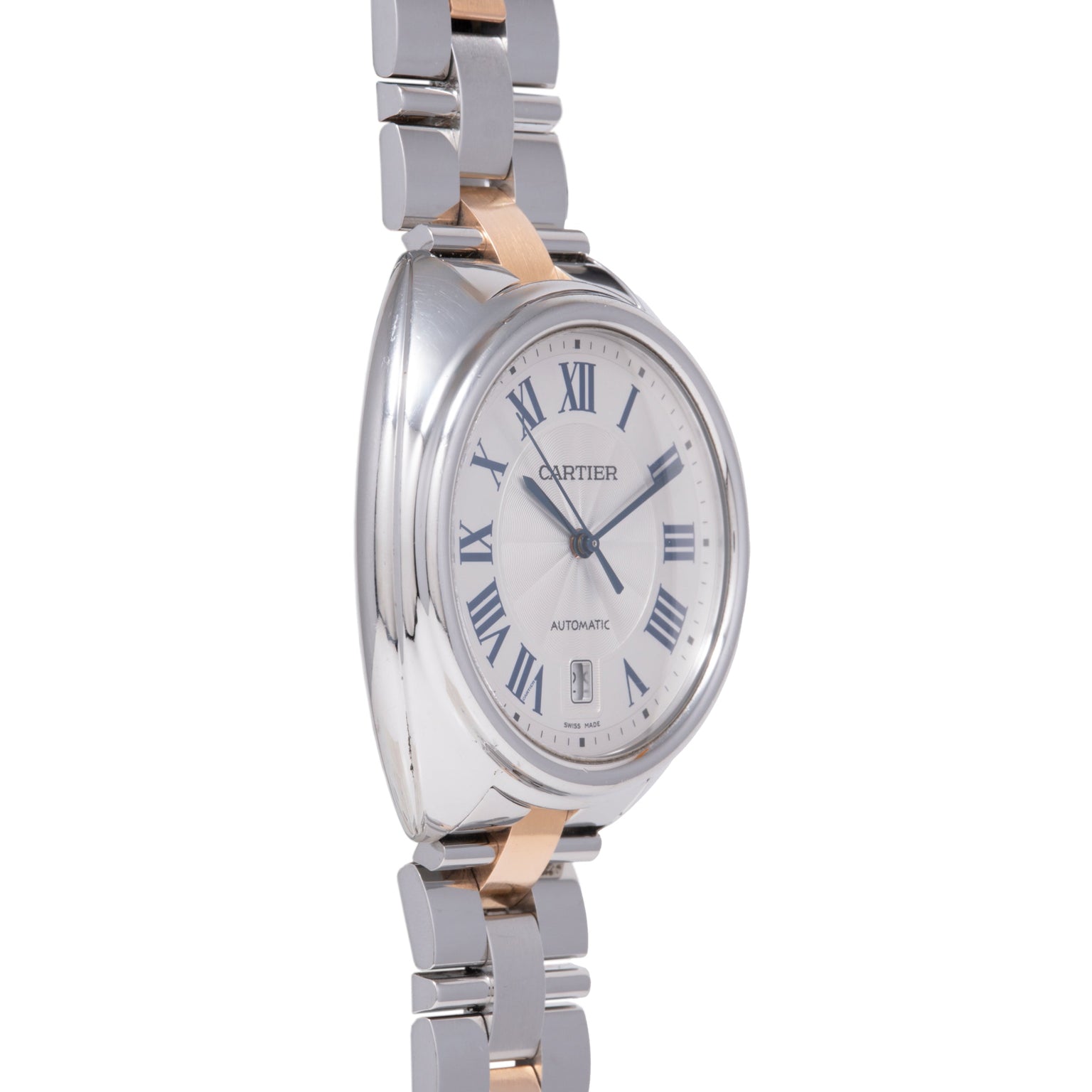 Cartier Clé de Cartier automatic watch with silver dial, Roman numerals, two-tone stainless steel and rose gold bracelet.