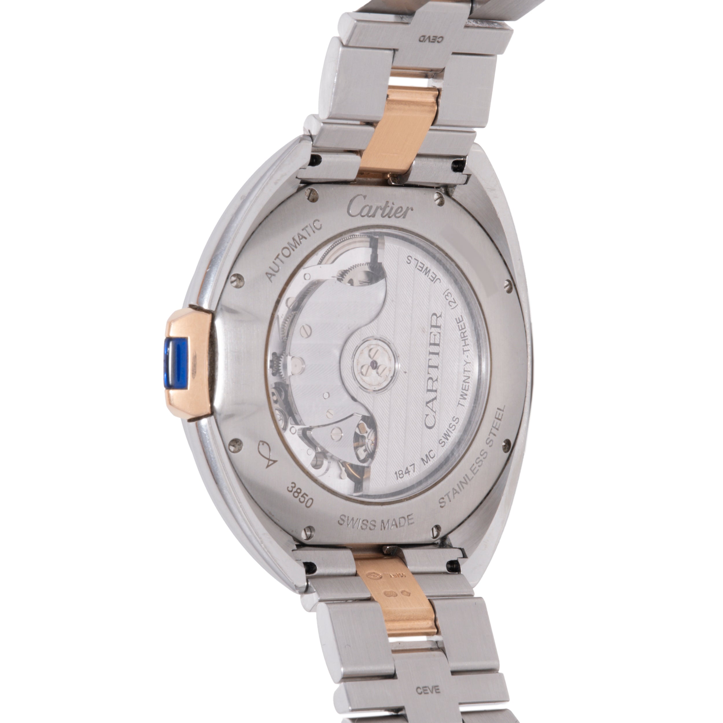 Cartier watch back showing stainless steel case, two-tone bracelet, and visible automatic movement through sapphire crystal.