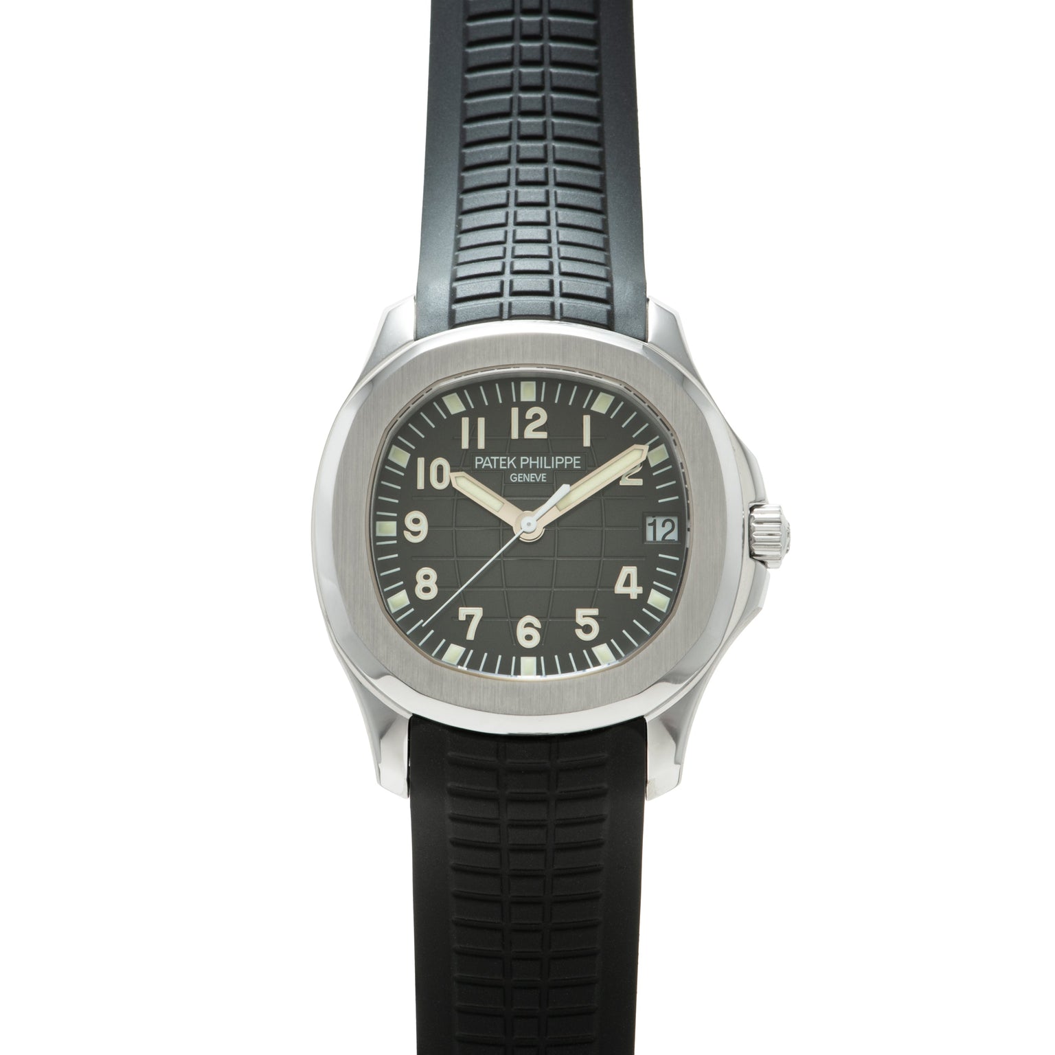 Stainless steel watch with dark dial, Arabic numerals, and black rubber strap with grid pattern.