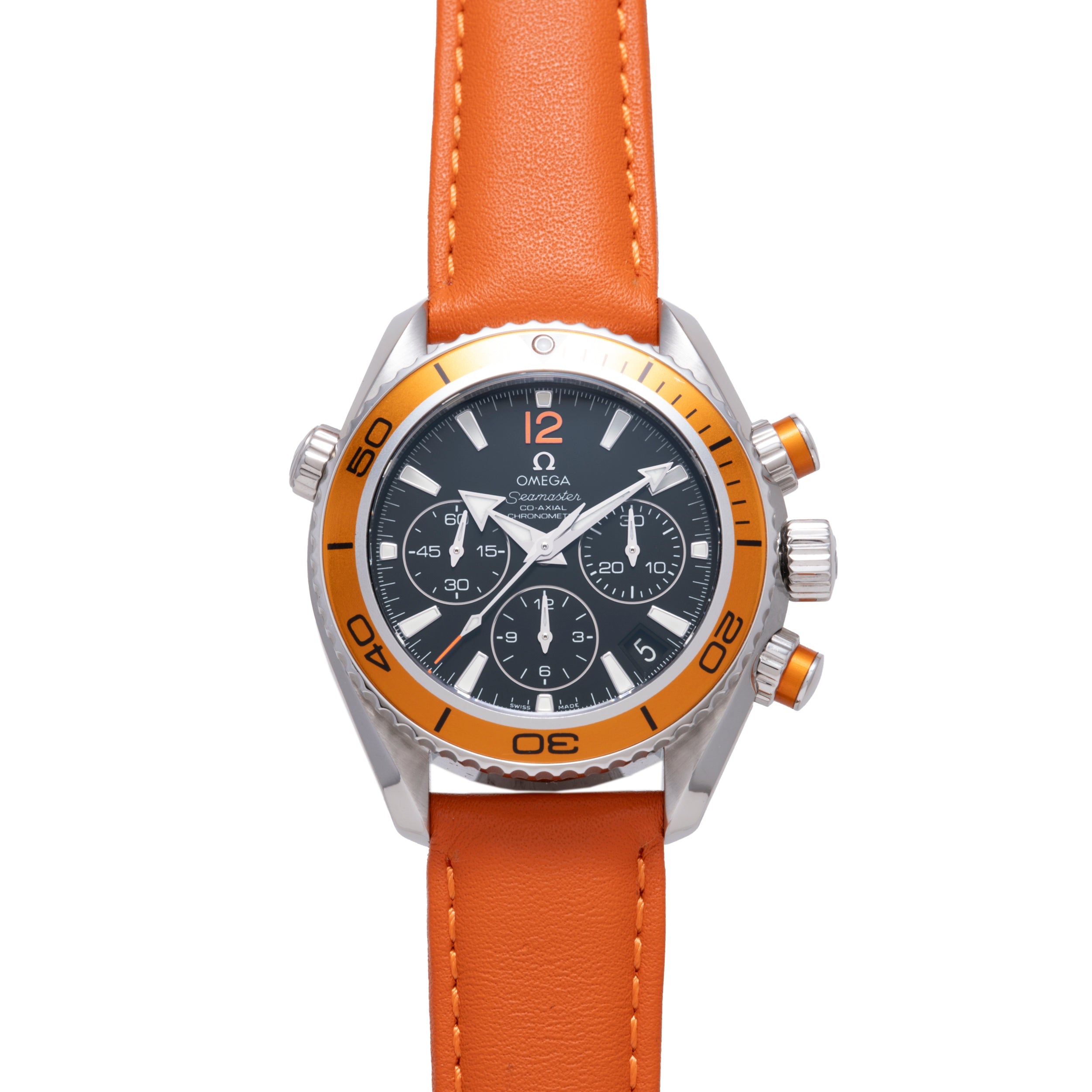 Omega Seamaster Planet Ocean chronograph watch with orange bezel, black dial, and orange leather strap.