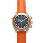 Omega Seamaster Planet Ocean chronograph watch with orange bezel, black dial, and orange leather strap.
