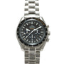 Omega Speedmaster chronograph watch with black dial, tachymeter bezel, and titanium metal bracelet.