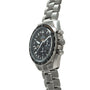 Titanium chronograph watch with black dial, tachymeter bezel, three subdials, and matching bracelet.