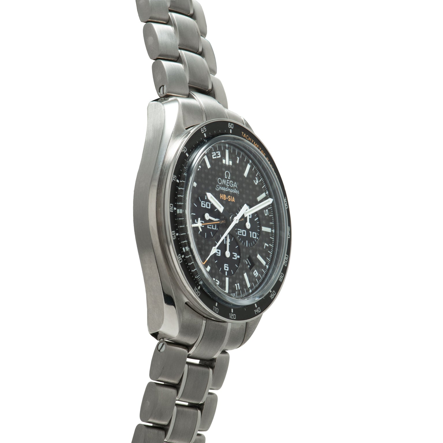 Titanium Speedmaster chronograph watch with black dial, tachymeter bezel, and matching titanium bracelet.