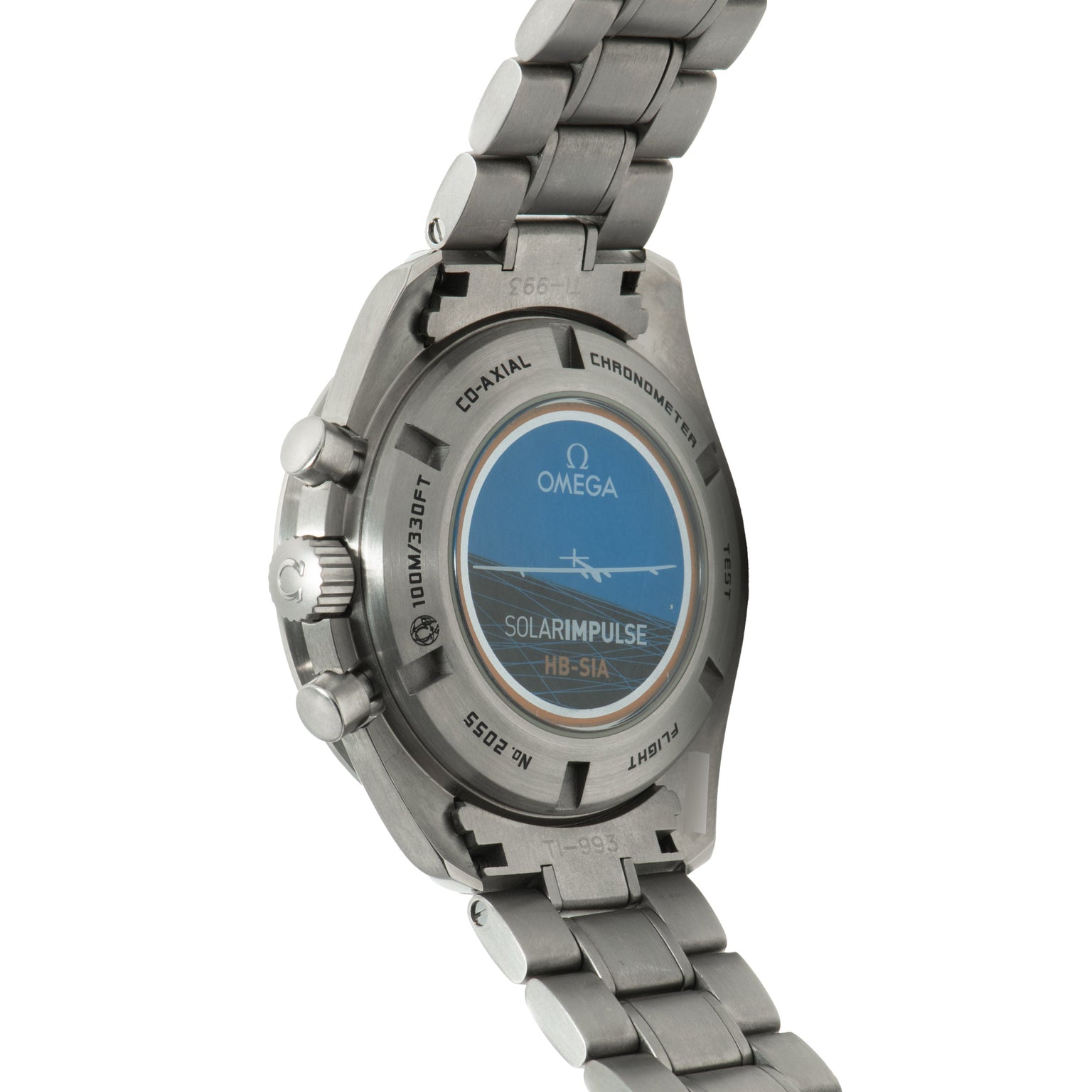 Titanium chronograph watch with blue dial, co-axial chronometer and solar impulse caseback, linked bracelet.