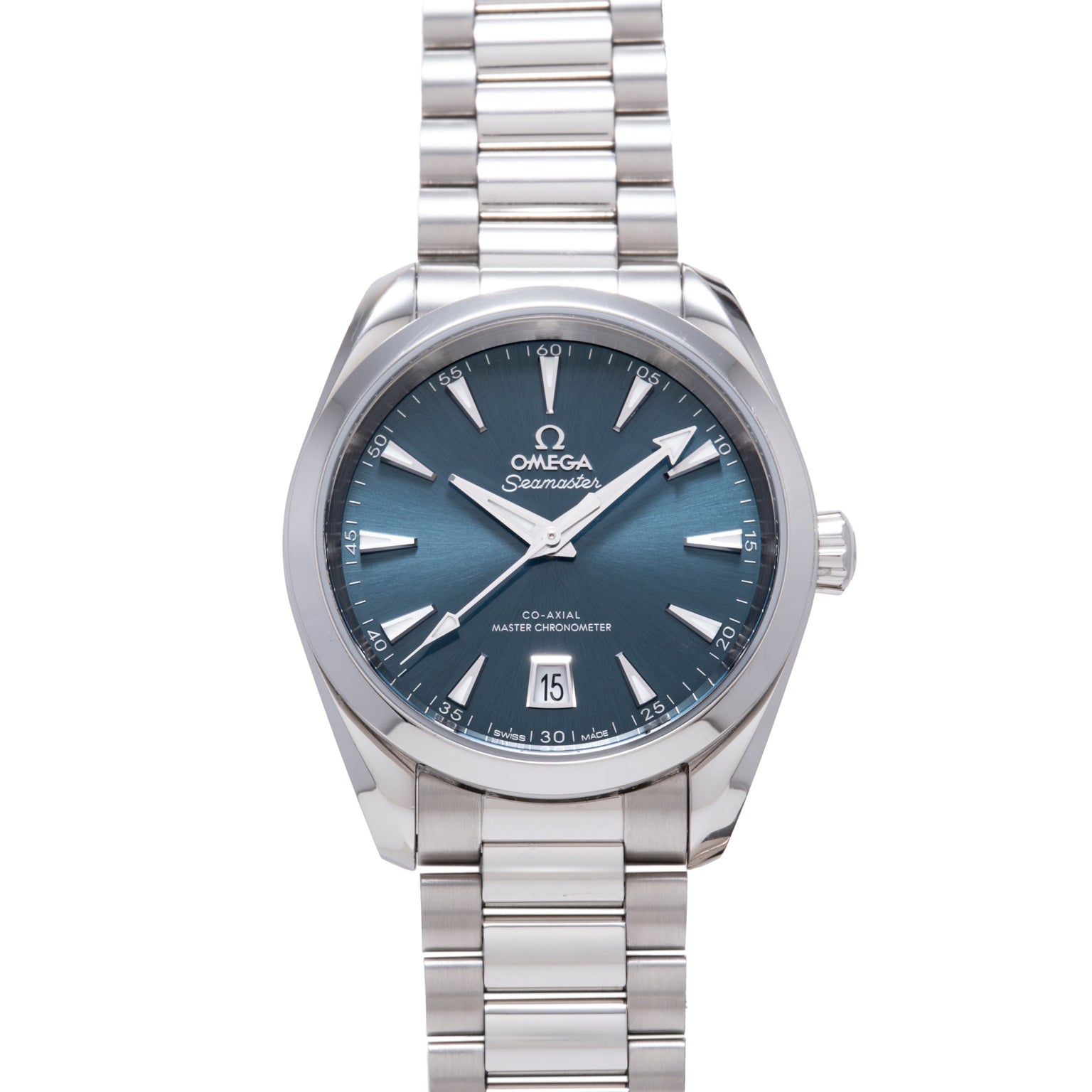 Omega Seamaster watch with blue dial, white hour markers, date window, and stainless steel bracelet.