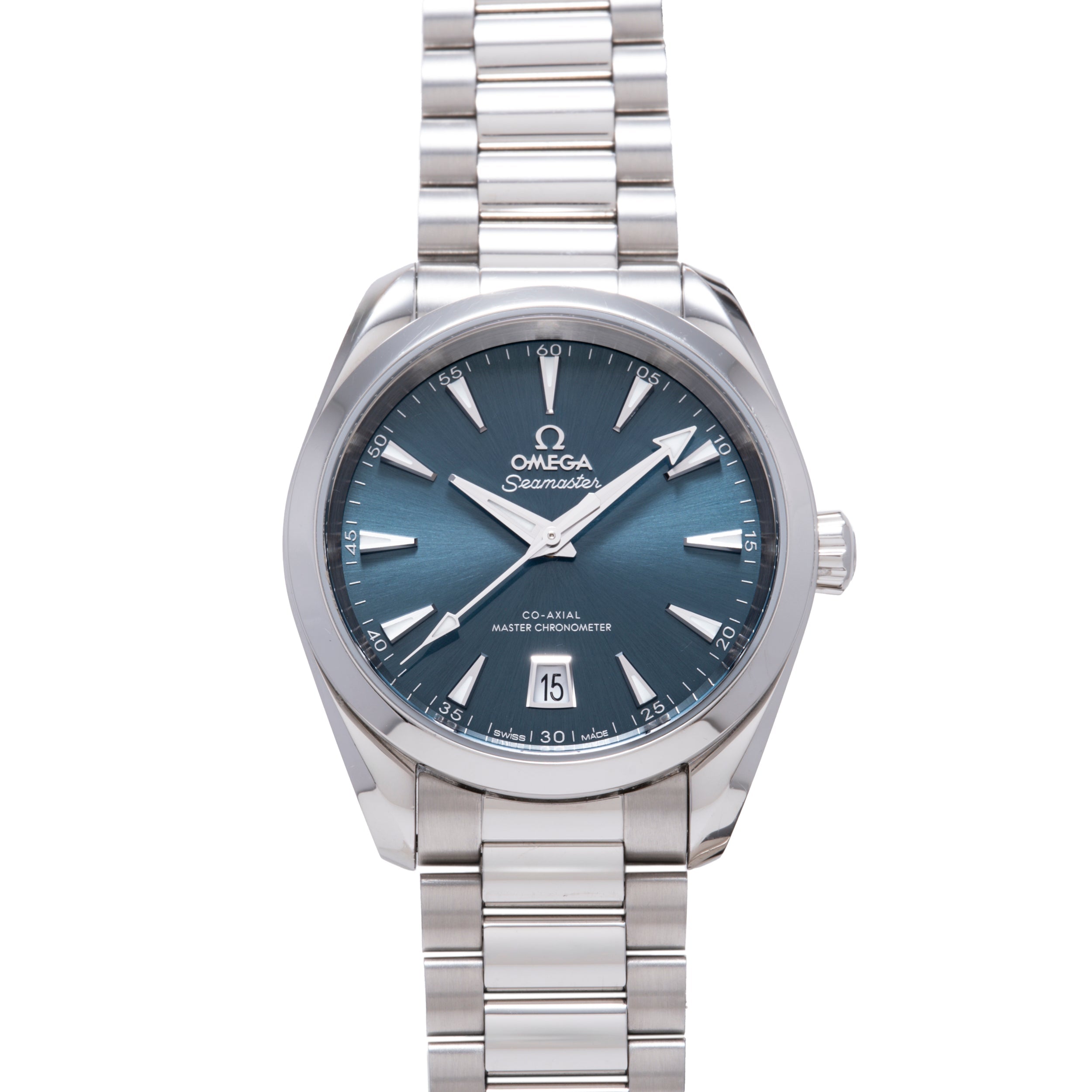 Omega Seamaster watch with blue dial, white hour markers, date window, and stainless steel bracelet.