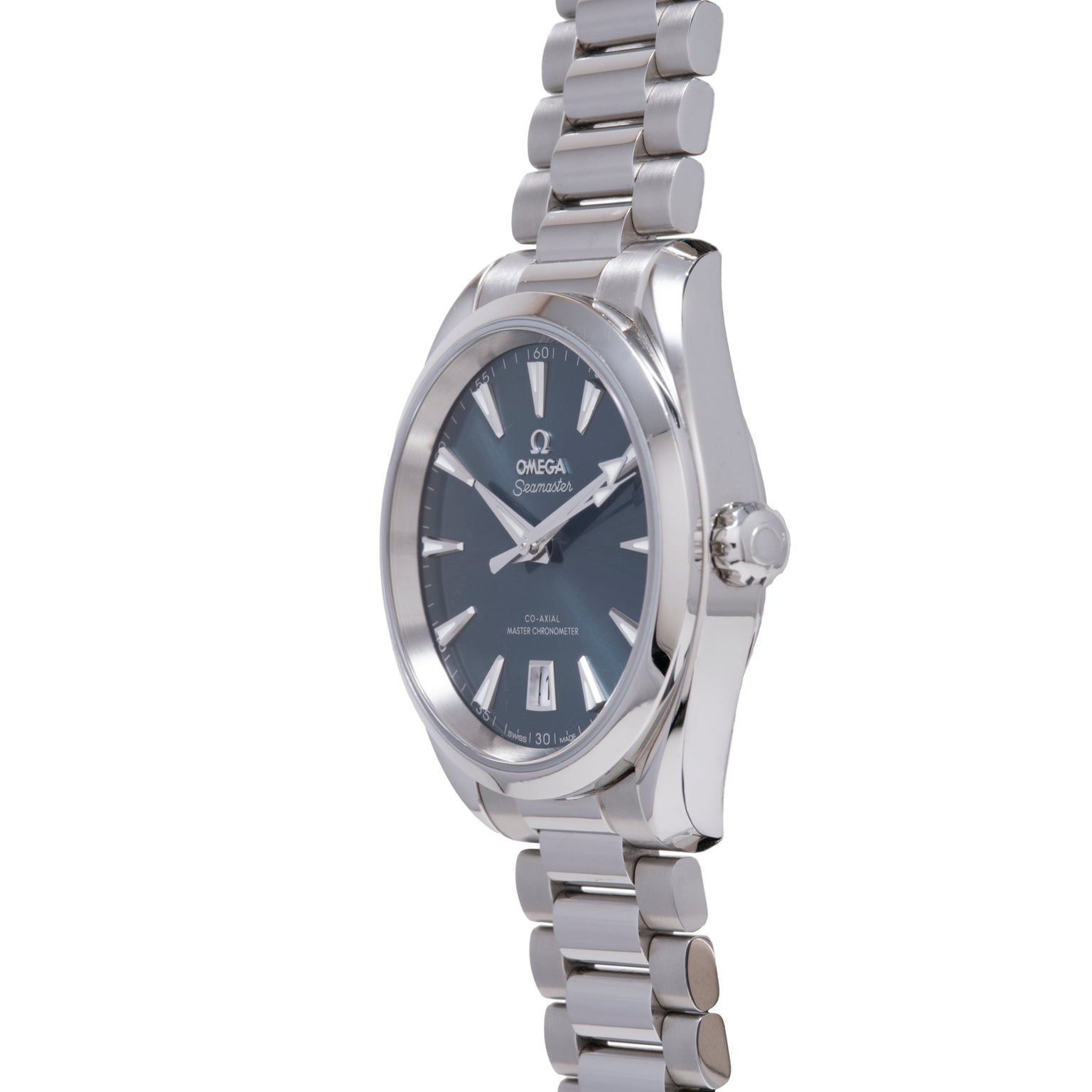 Omega Seamaster Aqua Terra watch with dark blue dial, stainless steel case, and matching bracelet.