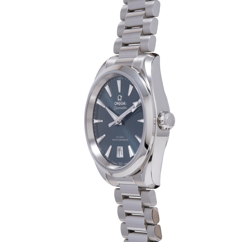 Omega Seamaster Aqua Terra watch with dark blue dial, stainless steel case, and matching bracelet.