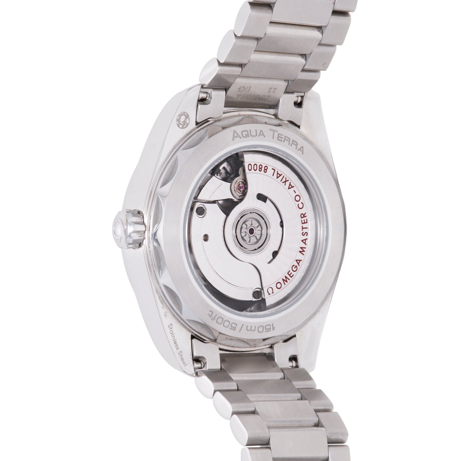 Silver Omega Seamaster Aqua Terra watch with stainless steel bracelet, shown from back displaying transparent case and mechan