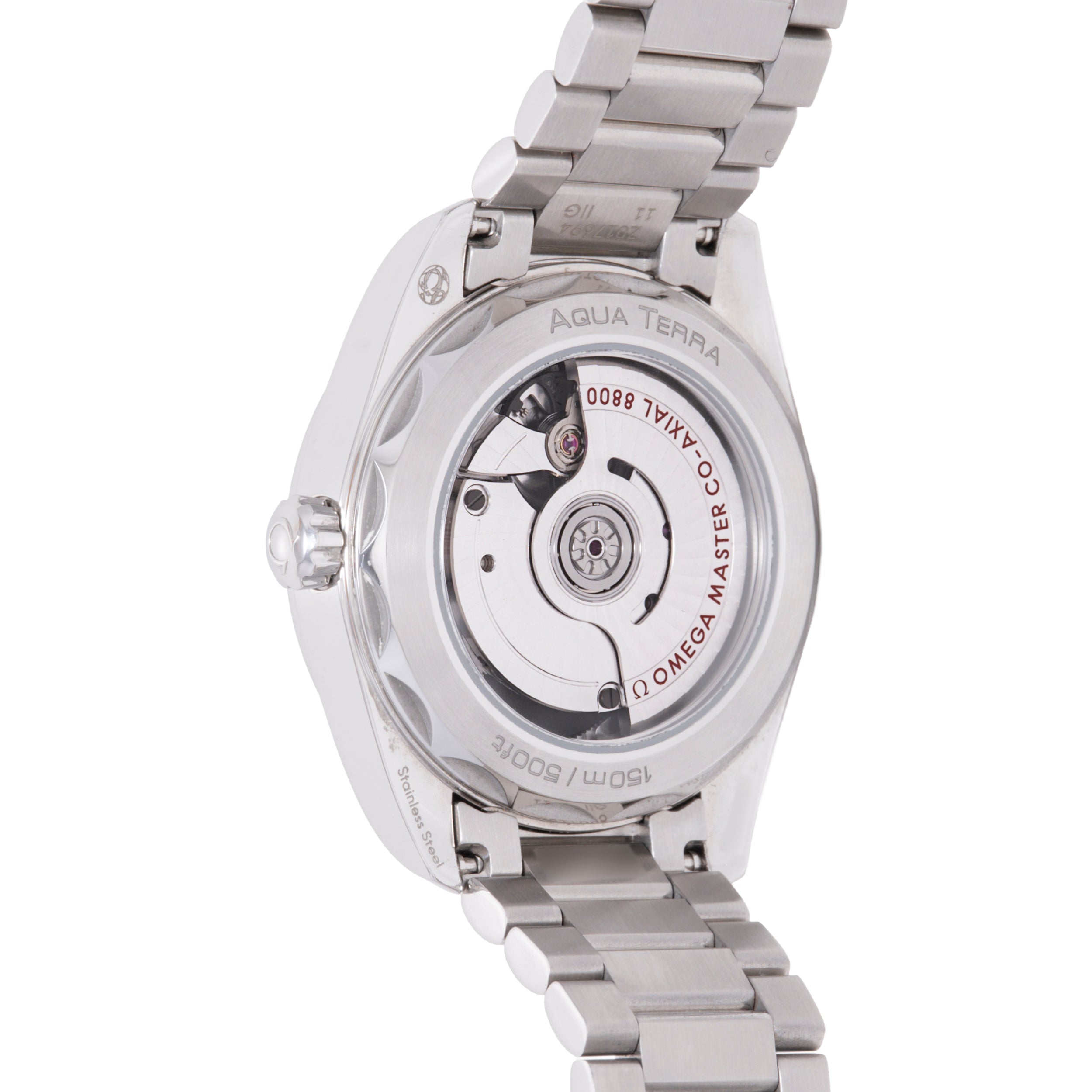 Silver Omega Seamaster Aqua Terra watch with stainless steel bracelet, shown from back displaying transparent case and mechan