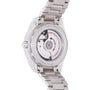 Silver Omega Seamaster Aqua Terra watch with stainless steel bracelet, shown from back displaying transparent case and mechan