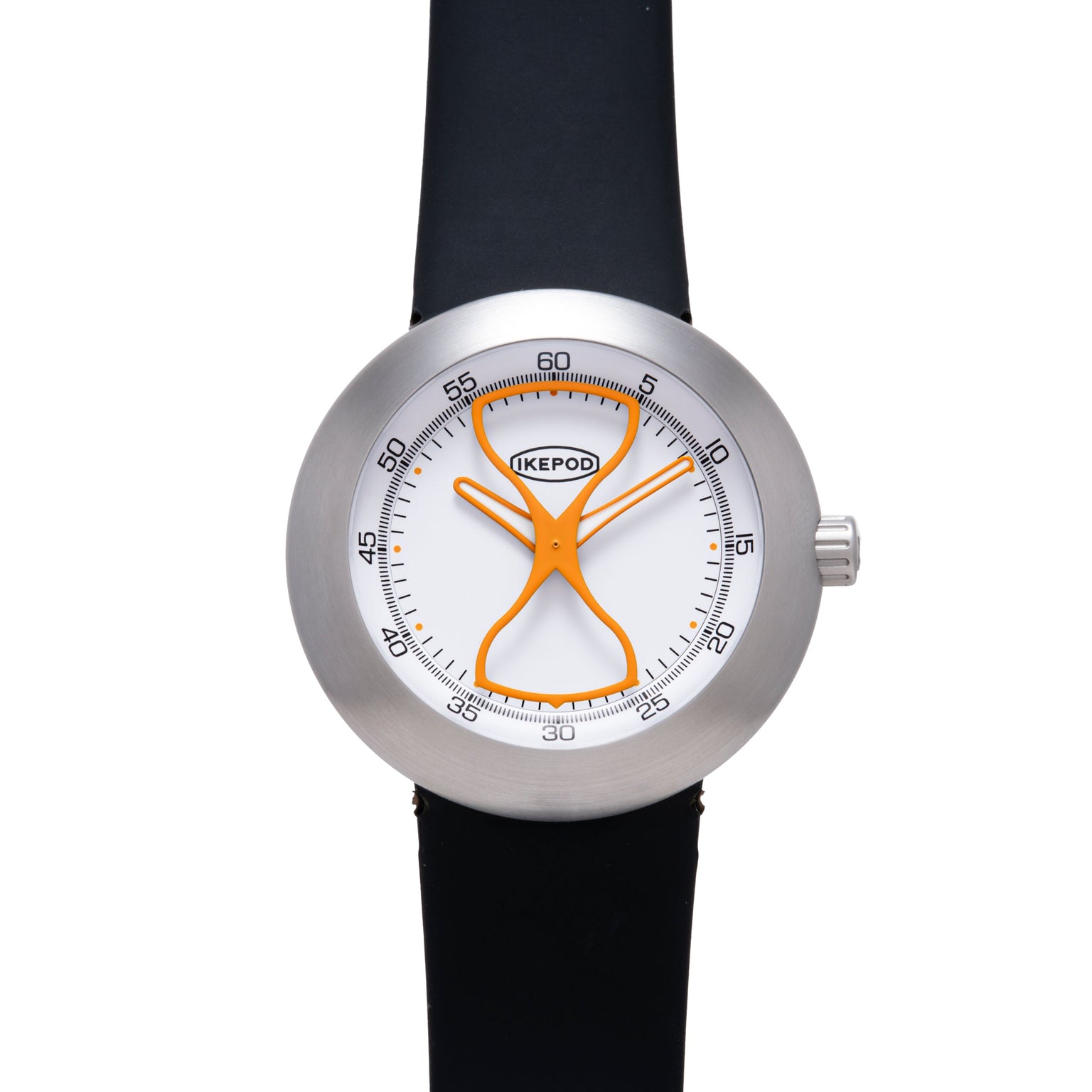 Ikepod Megapod watch with brushed steel case, white dial, orange hourglass-shaped hands, and black rubber strap.