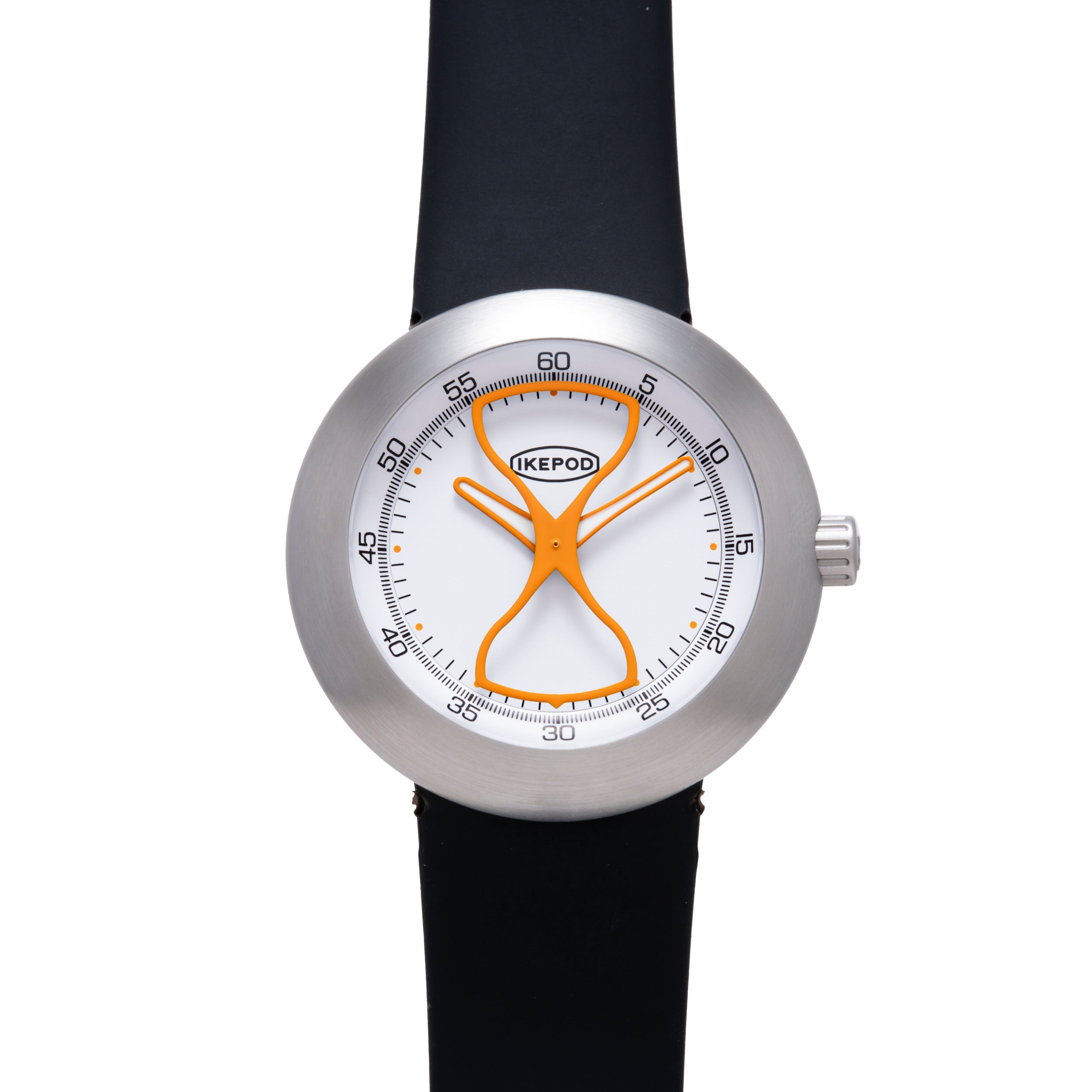 Ikepod Megapod watch with brushed steel case, white dial, orange hourglass-shaped hands, and black rubber strap.
