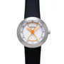 Ikepod Megapod watch with brushed steel case, white dial, orange hourglass-shaped hands, and black rubber strap.