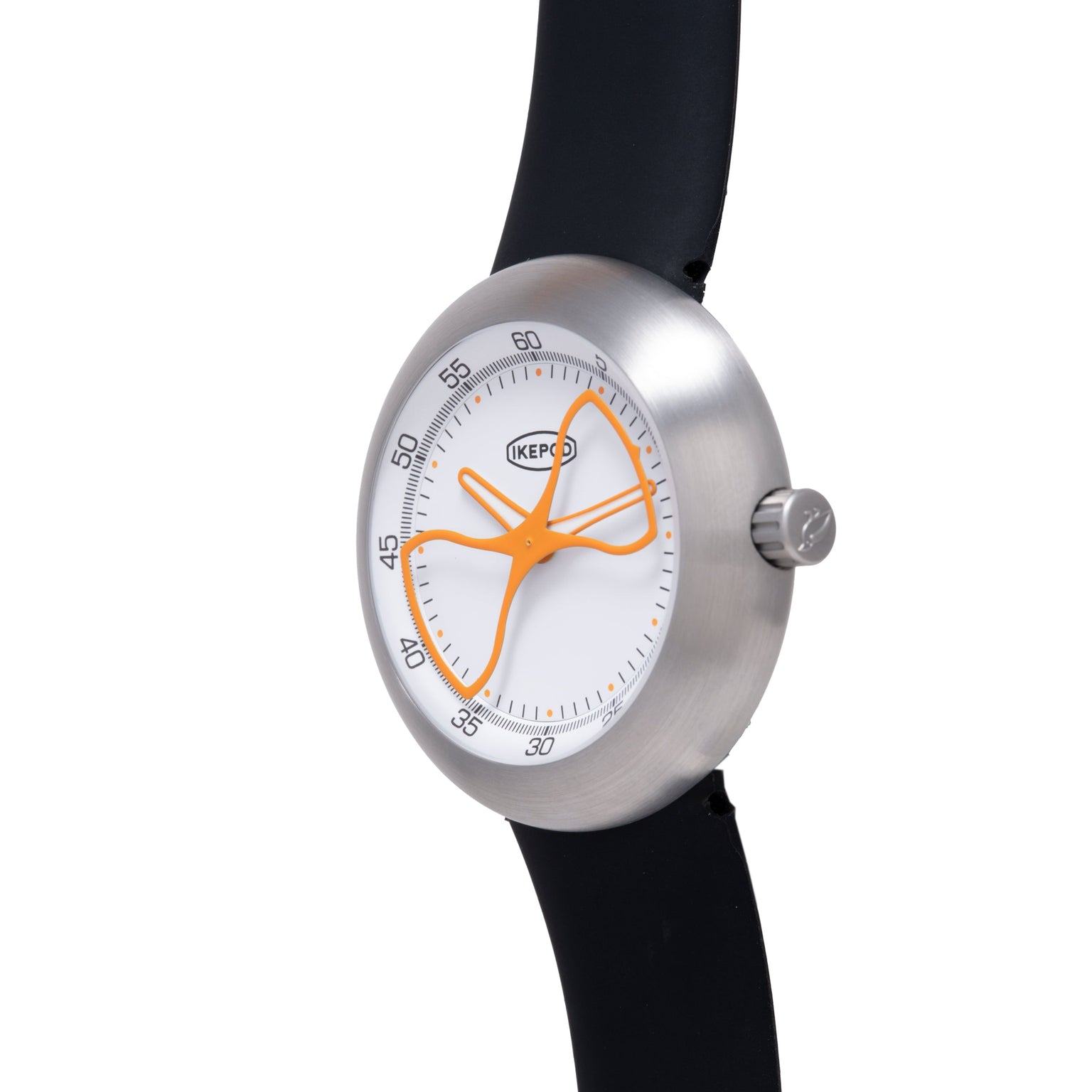 Silver watch with white dial, orange hourglass-shaped hands, and black rubber strap.