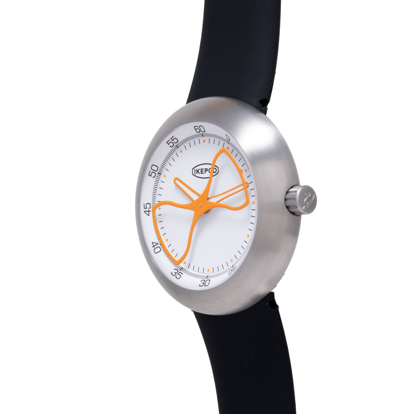 Silver watch with white dial, orange hourglass-shaped hands, and black rubber strap.