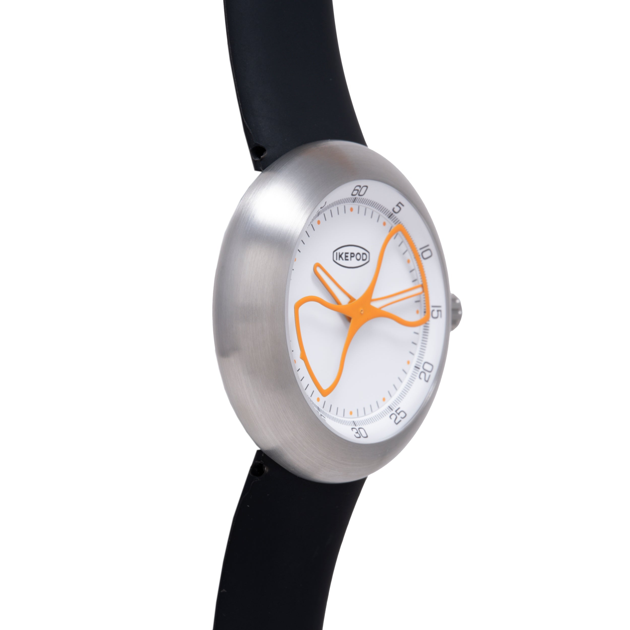 Ikepod Megapod watch with brushed silver case, white dial featuring orange hourglass design, and black strap.