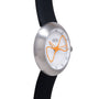 Ikepod Megapod watch with brushed silver case, white dial featuring orange hourglass design, and black strap.