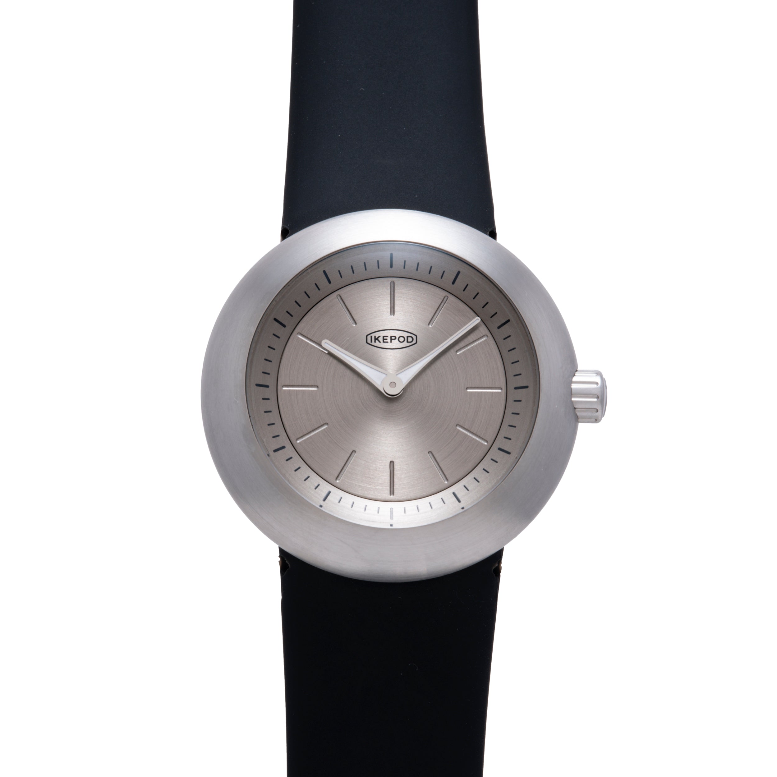 Ikepod Duopod watch with brushed silver round case, gray dial, silver hands, and black rubber strap.