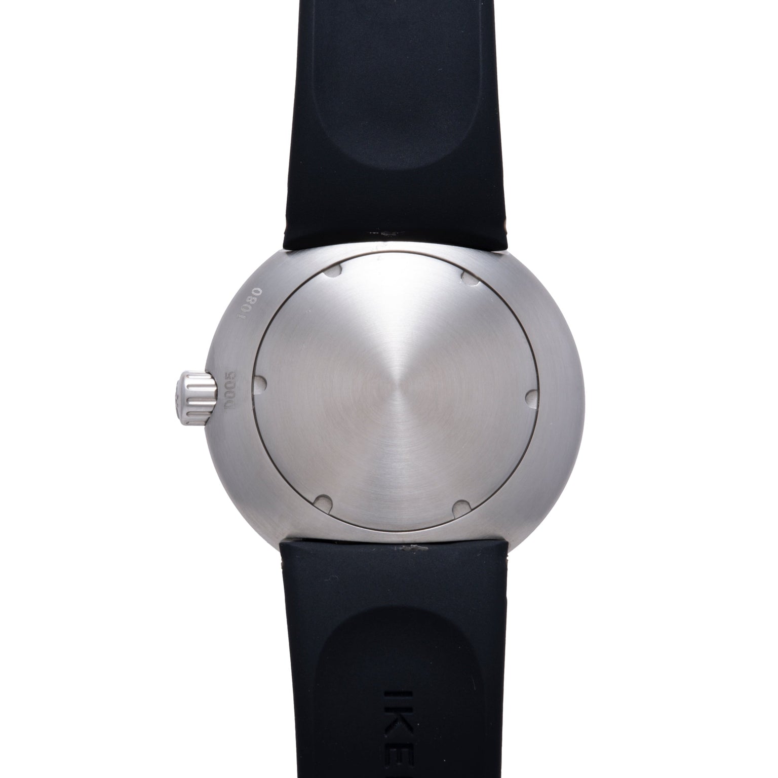 Ikepod Duopod watch with brushed silver spherical case, black rubber strap, and crown at 3 o'clock position.