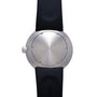 Ikepod Duopod watch with brushed silver spherical case, black rubber strap, and crown at 3 o'clock position.