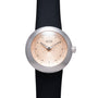 Ikepod Duopod watch with silver case, rose gold dot-patterned dial, black leather strap, and hour markers.