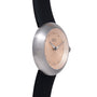Silver and rose gold watch with dotted dial, black strap, and minimalist hands.