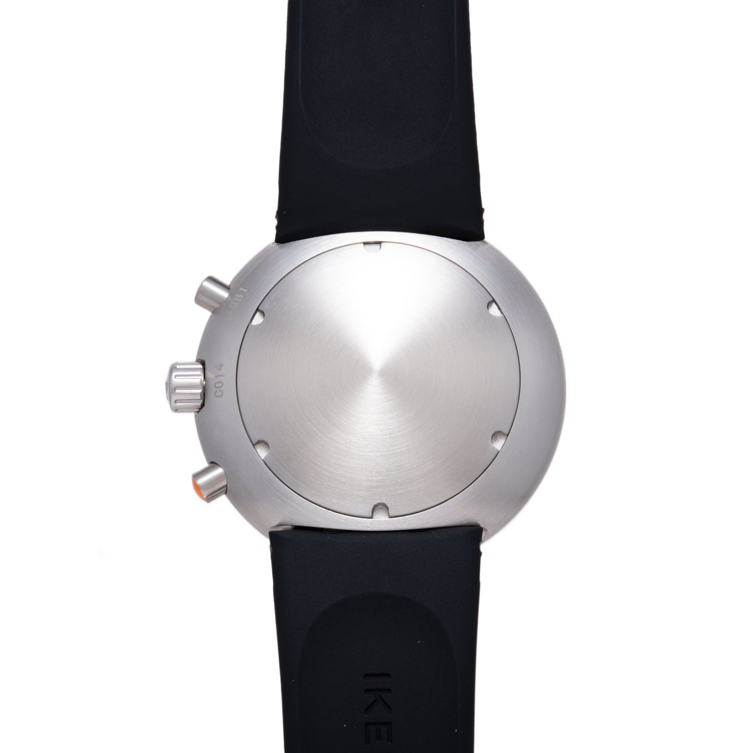 Stainless steel chronograph watch with brushed silver dial, black rubber strap, and side-mounted pushers.